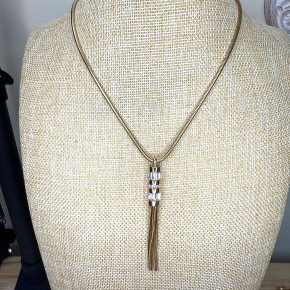 Michael Kors Women Gold-Tone Cubic Zirconia Fringe Tassel Charm Pendant Necklace - Picture 1 of 14